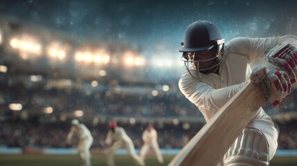 Cricket batsman hitting powerful shot in stadium