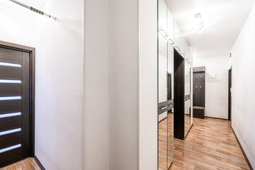 Bright hallway with wood floors, white walls, and mirrored closet. A pull-up bar is near a dark wood door