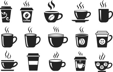 Coffee cup icon set, steaming mugs, hot beverage symbols, espresso vector, latte illustration, cafe branding, menu design, caffeine graphic