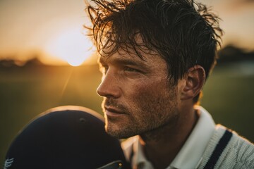 Pensive cricketer holding helmet at sunset portrait
