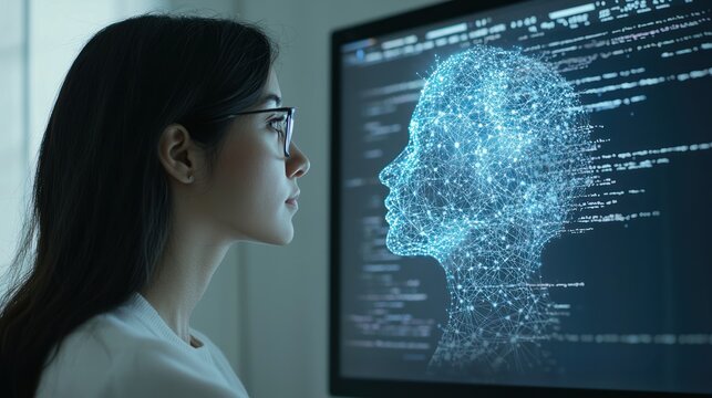 A data scientist using machine learning algorithms to process data on a computer screen. - Powered by Adobe