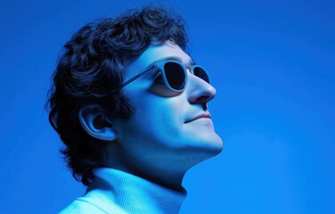 Stylish young man in turtleneck and sunglasses against deep neon blue backdrop exuding modern elegance and confidence