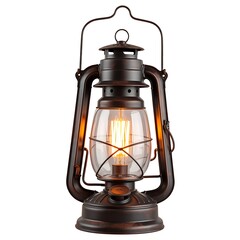 Vintage kerosene lantern with glass and metal details, emitting warm light, isolated on white background