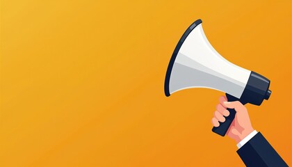 Hand holds megaphone, public speaking, community events, digital media, urban engagement. Illustration conveys messages of awareness, social impact, advocacy through discussion, collaboration.