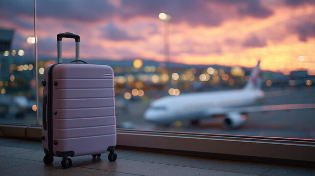 A solitary suitcase with durable wheels stands steady near an airport gate window at dusk, fiery sunset illuminating the scene. The blurred airplane in the background hints at fara