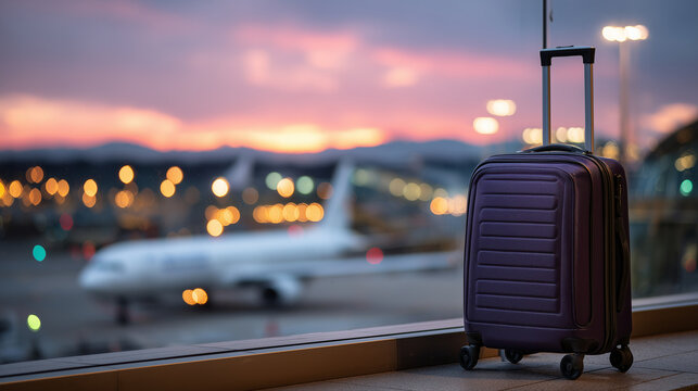 A solitary suitcase with durable wheels stands steady near an airport gate window at dusk, fiery sunset illuminating the scene. The blurred airplane in the background hints at fara