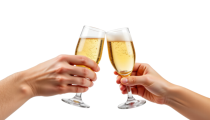 Two hands clinking champagne glasses with bubbly golden liquid, celebrating joyful moment with festive toast