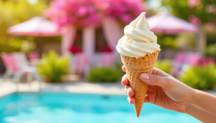 Soft serve ice cream cone held by hand near swimming pool with colorful umbrellas and greenery in background