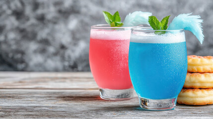 Colorful refreshing cocktails in glasses with mint garnish near fluffy pastries on rustic wood background, ideal for summer gatherings and celebrations.