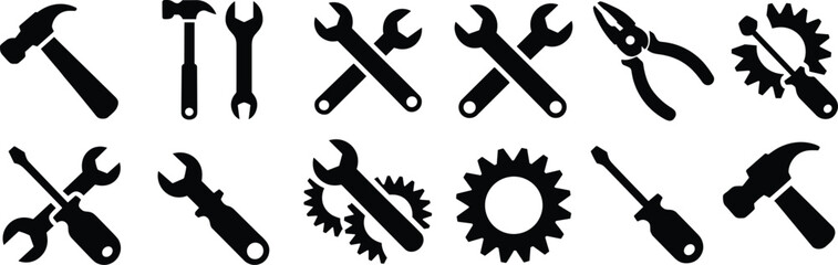 Essential hand tools silhouettes, hammer, wrench, pliers, screwdriver, gear icons, DIY repair toolkit, construction vector set, editable, scalable, illustration