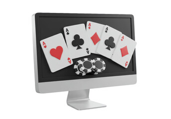 Isolated Computer Monitor Displaying Poker Cards and Chips