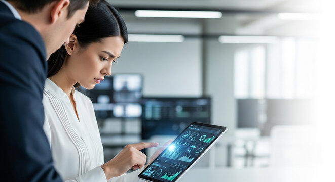 A businesswoman and her colleague analyze financial data on a futuristic tablet screen in an office. Perfect for concepts of tech and data analysis