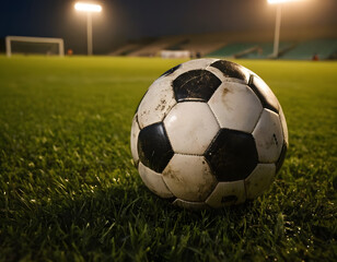 Fototapeta premium soccer ball on grass, Muddy soccer ball lying on wet green grass field in evening stadium lighting. Concept of professional football training and fitness