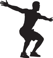 Black and white silhouette of a man exercising, Gym workout vector template of a man in a squat pose, Fitness illustration of a muscular man training, Isolated graphic of a male athlete 