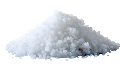 Pile of coarse white salt crystals on a white background