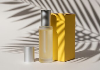 Photo of cosmetic bottle and yellow box with palm leaf shadow on white background