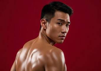 A tan muscular man with dark hair glances back over his glistening bare shoulder against a dark red backdrop