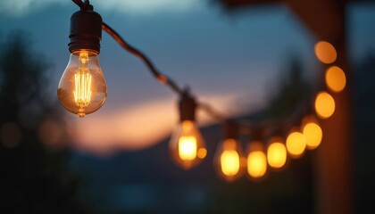 String of glowing filament bulbs strung outdoors at dusk. Warm, soft light creates cozy, atmospheric ambience against blurred evening sky. Incandescent Edison bulbs add vintage, decorative touch to
