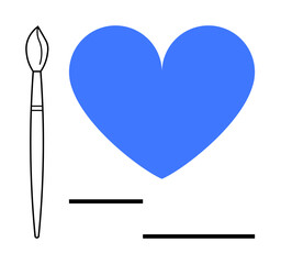 Blue heart next to a paintbrush with minimal black lines suggesting creativity, passion, simplicity, and artistic expression. Ideal for design, creativity, love, passion, art minimalism simple