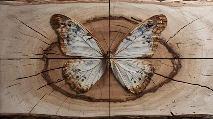 Butterfly art on wooden panels showing wings spread out on a wood grain background design display