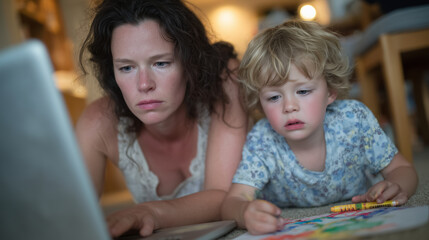 A tired mother leans forward toward her laptop, face showing strain as she juggles deadlines. Next to her, a child draws with vibrant markers on the floor, immersed in creativity.