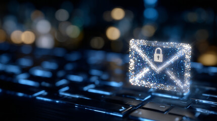Close-up view of a shining digital mail icon with holographic effects and a small padlock emblem, set against a backdrop of glowing blue lines and cryptographic symbols on a dark t