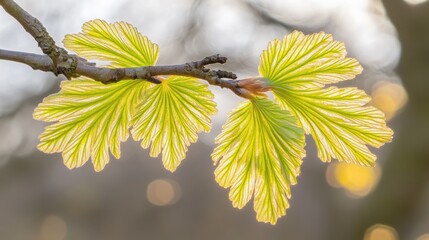 Young leaves unfurl on branch with soft sunlight highlighting intricate vein patterns