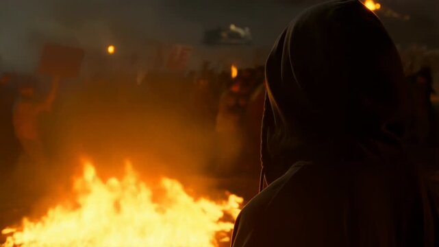 Protest, fire and crowd at night with hooded man watching flames and chaos during political unrest or riot demonstration with torches, flags and smoke in dark cinematic atmosphere