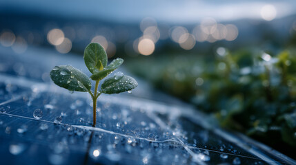 Macro shot of a small sprout pushing through the glass surface of a solar panel, tiny droplets of water clinging to its stem. Background softly blurred to emphasize the symbolic fu