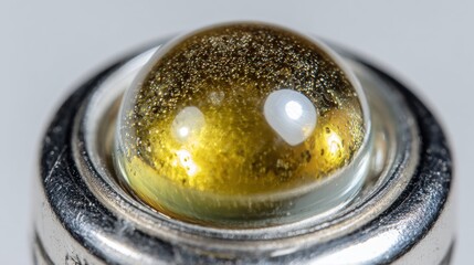 Close-up of a golden, translucent gem-like sphere mounted in a metallic ring.