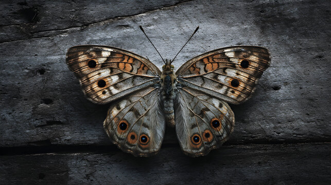 Close up of a junonia iphita butterfly resting on a dark textured wooden surface with detailed wings