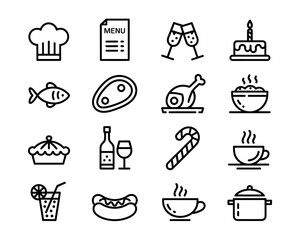 Collection of Food and Drink Icons Representing Culinary Delights and Celebrations in Simple Line Art Style