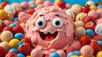 Funny Strawberry Ice Cream Face with Colorful Candies and Fruits