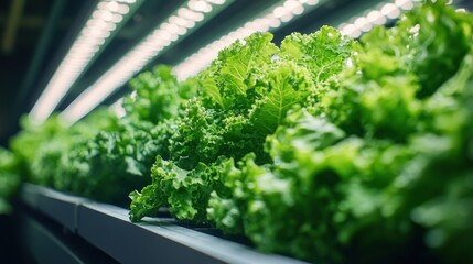 Fresh green lettuce plants under grow lights