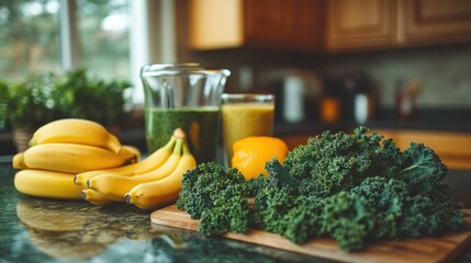Fresh fruit and greens on kitchen counter
