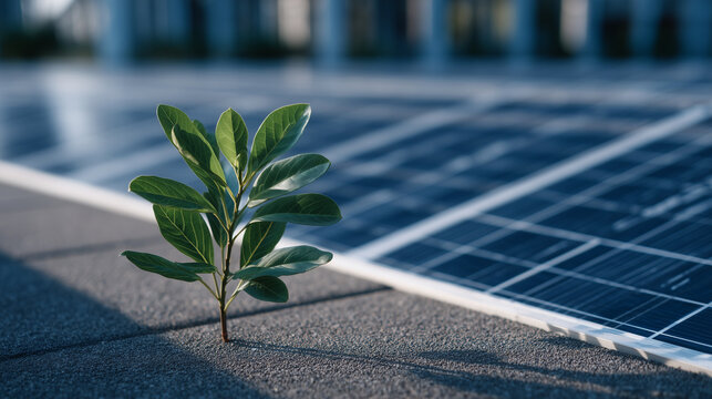 Young plant growing boldly from solar panel surface with morning light casting long shadows. The fresh leaves and high-tech cells create a contrast representing the essential partn