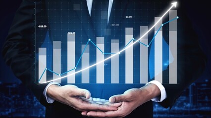 A businessman in a suit presents a glowing financial growth chart, showcasing an upward trend in investments against a modern city skyline at night. Copula