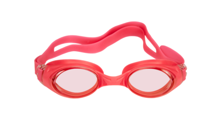 A pair of bright pink swimming goggles for swimming and water sports, isolated on a transparent background. Product shot of swim eye protection.
