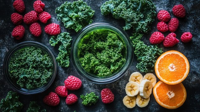 Fresh greens, berries, and citrus fruits arranged on a dark surface