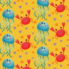 Cute Crabs and Jellyfish Seamless Pattern