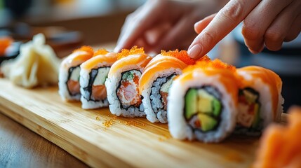 Fresh sushi rolls on a wooden board. Hands adding topping