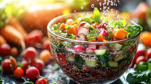Fresh, vibrant veggie salad in glass bowl