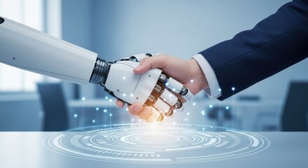 Human and robot handshake symbolizes future collaboration and technological advancement in business
