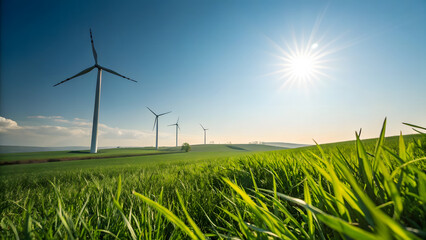 Wind turbines in a green field under a sunny sky