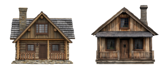 Charming Wooden Log House with Front Porch and Stone Details isolated on White or transparent background