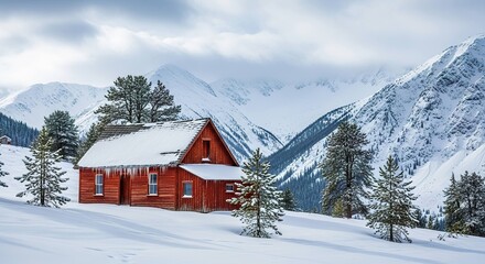 Snow covered cabin amidst snowy mountains