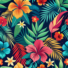 Tropical flower and leaf pattern on a dark background. Vibrant colors and detailed design for use in advertising or editorial projects.
