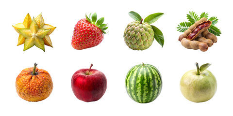 A Set, Fresh Exotic Fruits Collection on Transparent  Background  Starfruit, Strawberry, Sugar Apple, Tamarind, Apple, Watermelon, Guava, Orange