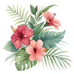 tropical watercolor bouquet with hibiscus and palm leaves