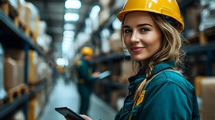 Warehouse worker using digital tablet for efficient logistics
